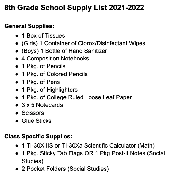 8th Grade School Supply List 2021-2022