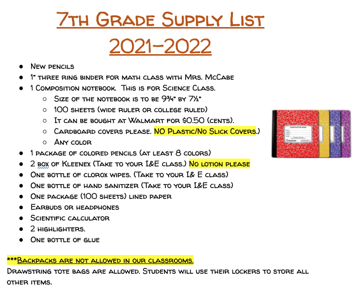 7th Grade Supply List 2021-2022