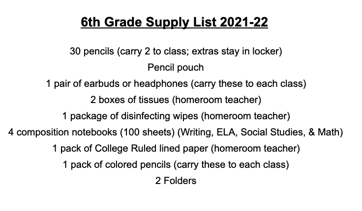 6th Grade Supply List 2021-22